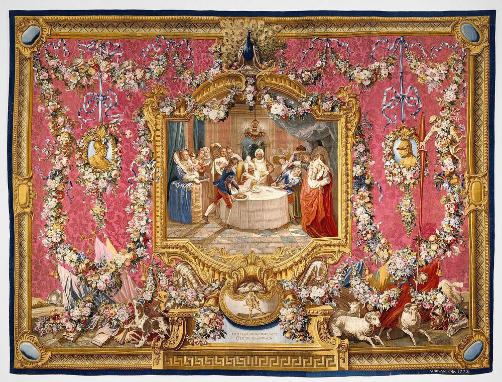 Tapestry: Le Repas de Sancho dans l'Ile de Barataria, from L'Histoire de don Quichotte Series by Royal Factory of Furniture…