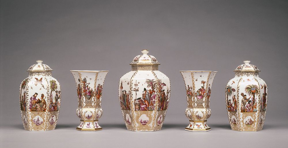 Assembled Set of Five Vases by Johann Gregor Höroldt and Meissen Porcelain Manufactory