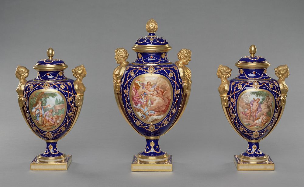 Garniture of Three Vases (vases des âges) by Jacques François Deparis, Etienne Henry Bono, Antoine Caton, Etienne Henri Le…