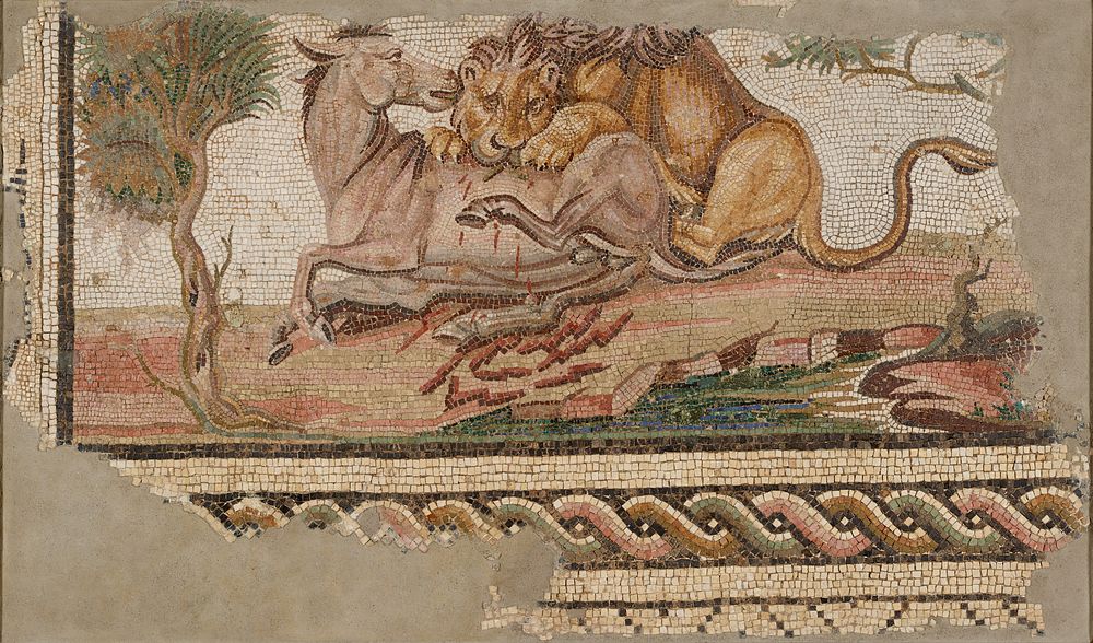 Mosaic of a Lion Attacking an Onager