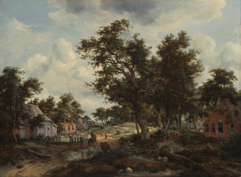 A Wooded Landscape with Travelers on a Path through a Hamlet by Meindert Hobbema and Abraham Storck
