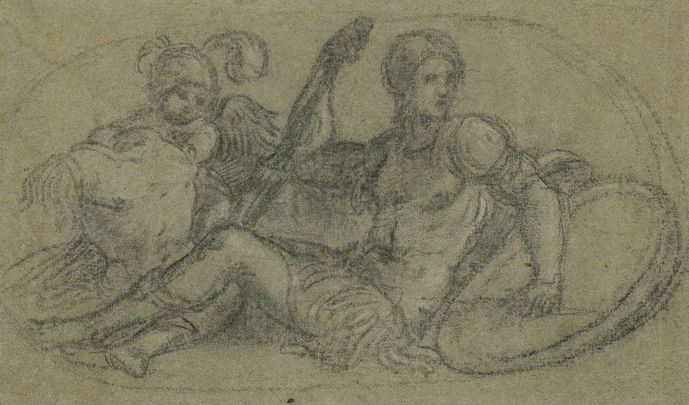 Seated Male Figure with Putto and Armor by Paris Bordone
