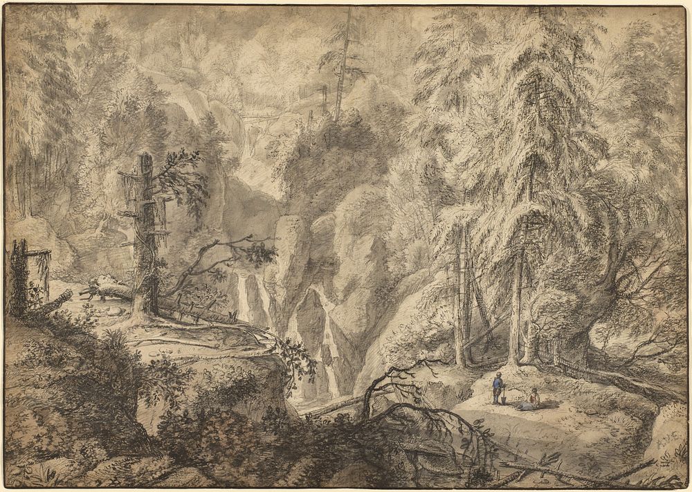 Mountain Landscape, Peasants in a Clearing near a Waterfall (recto); Landscape Sketch (verso) by Anthonie Waterloo