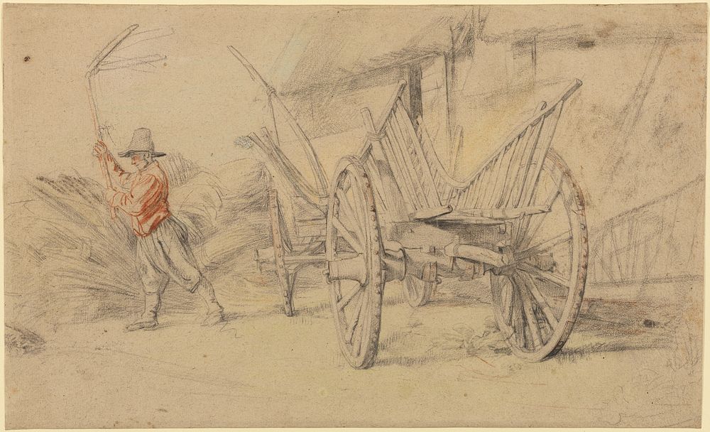 A Man Threshing Beside a Wagon, Farm Buildings Behind by Peter Paul Rubens