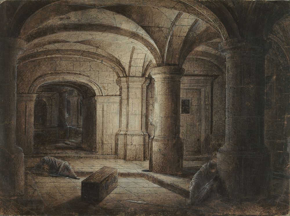 The Crypt of a Church with Two Men Sleeping by Hendrick van Steenwijck the Younger