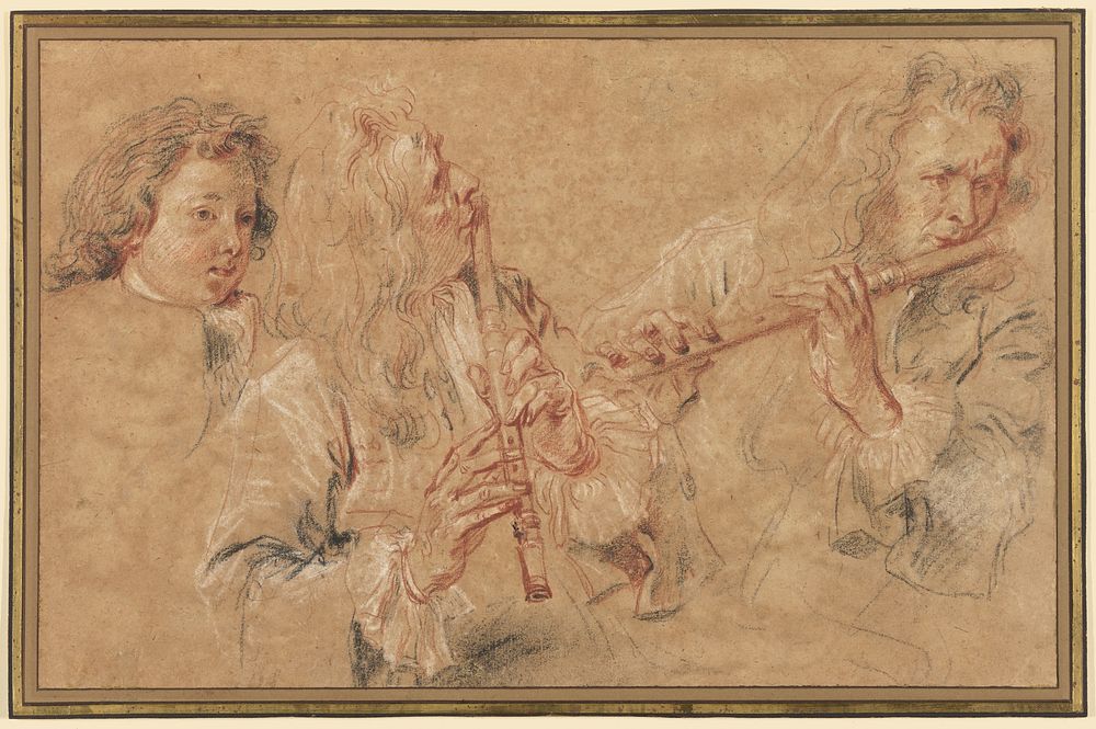 Two Studies of a Flutist and a Study of the Head of a Boy by Jean Antoine Watteau