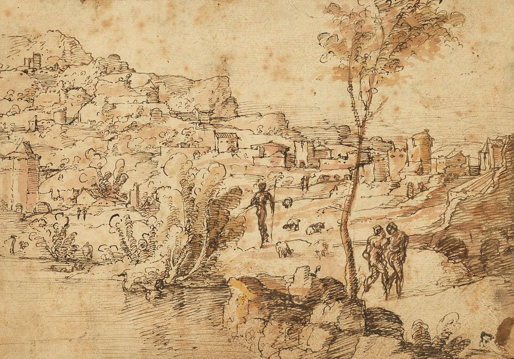 Landscape with Shepherds by a River and a Town Beyond (recto); Figure Studies and Roman Ruins (verso) by Jan van Scorel
