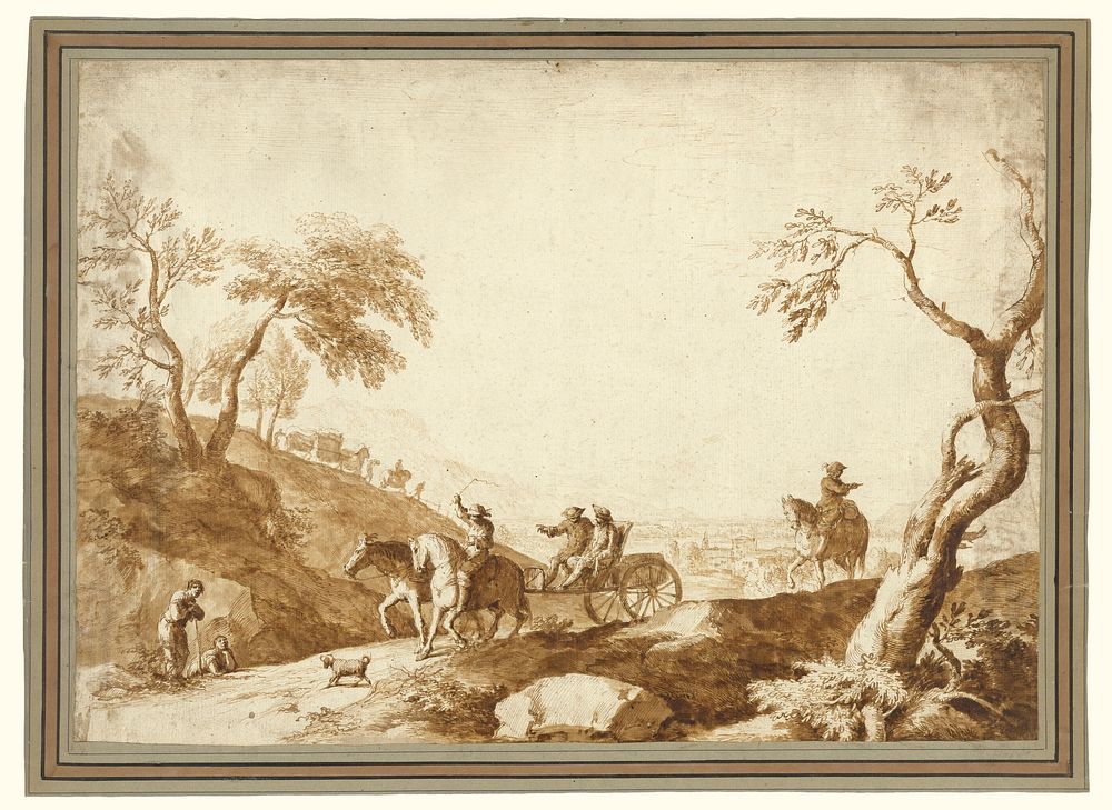 Landscape with Travellers, Two Riding in a Carriage Driven by a Postilion and a Third on Horseback behind by Marco Ricci