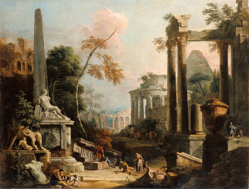 Landscape with Classical Ruins and Figures by Marco Ricci and Sebastiano Ricci