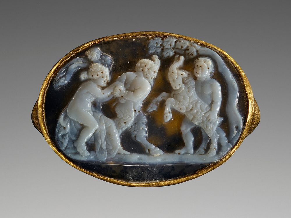 Cameo with Pan, a Maenad, a Satyr and a Goat inset Into a Ring by Sostratos