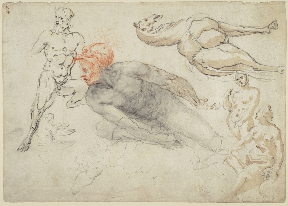 Studies of male and female nudes, a satyr, and a camel (recto); Statue of Marcus Aurelius (verso) by Cherubino Alberti