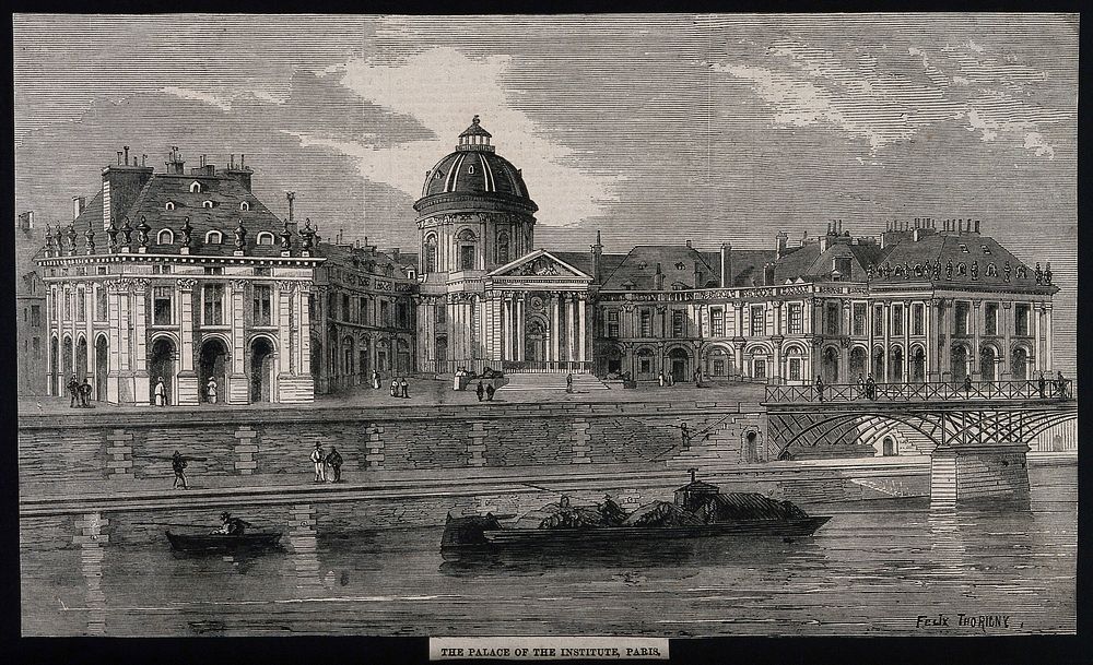Institut de France, Paris: as seen from the river. Wood engraving by F. Thorigny.