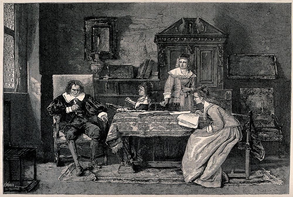 John Milton dictating Paradise lost to one of his daughters while the other embroiders and his wife looks on. Wood engraving…