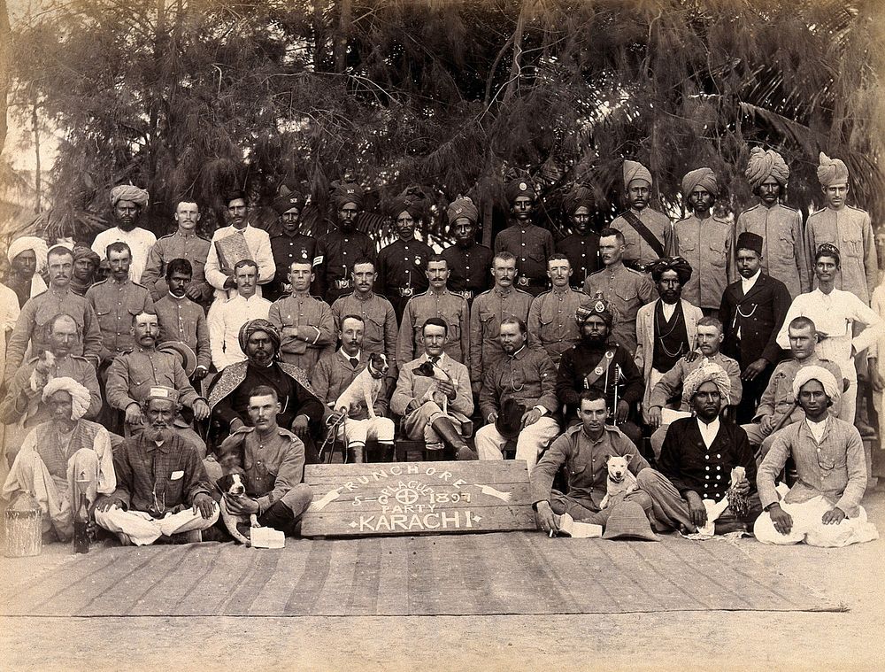 Staff of the Runchore segregation camp, set up by the Karachi Plague Committee, India. Photograph, 1897.