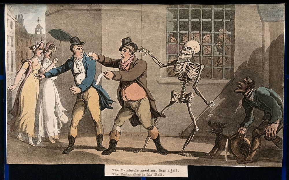The dance of death: the catchpole. Coloured aquatint after T. Rowlandson, 1816.