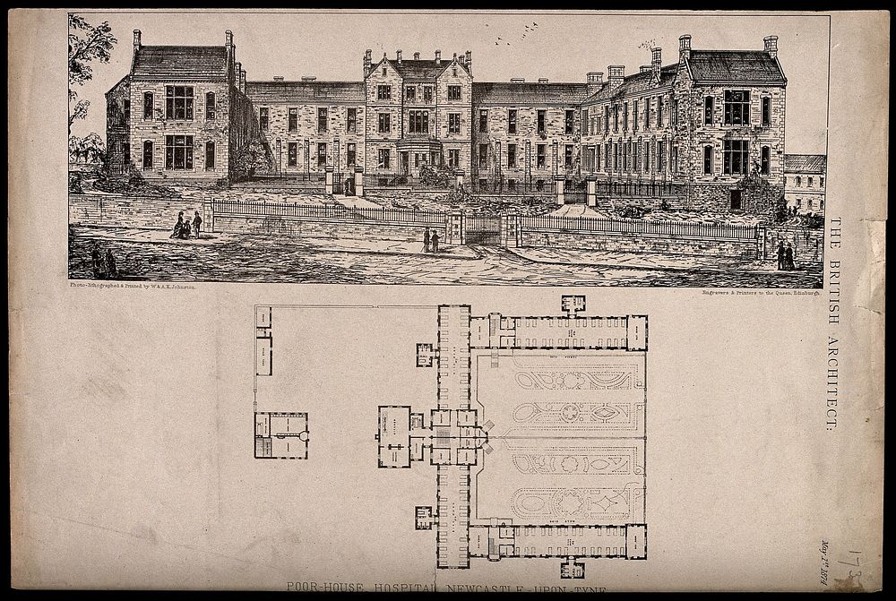 Poor House Hospital, Newcastle-Upon-Tyne, Northumberland, England: with floor plan. Photolithograph by W. & A.K. Johnston…