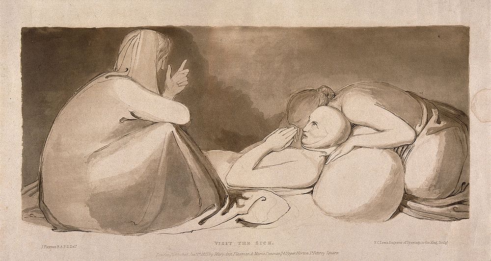 Visiting the sick: a grieving woman bends over a praying patient. Tinted aquatint by F.C. Lewis, 1831, after J. Flaxman.