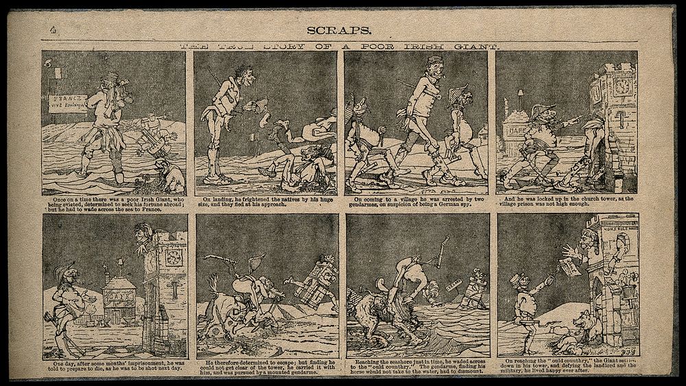 Eight comic scenes from the life of the poor Irish giant. Reproduction of a wood engraving by G.F.S.