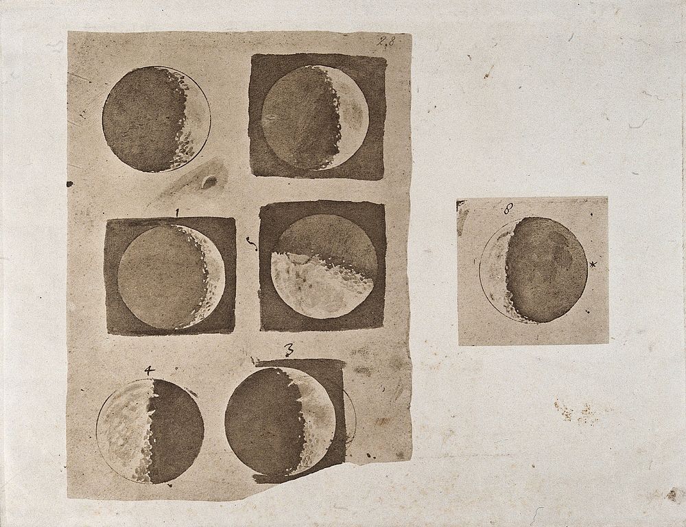 Astronomy: five diagrams of the surface of the moon, during its phases. Aquatint after Galileo Galilei.