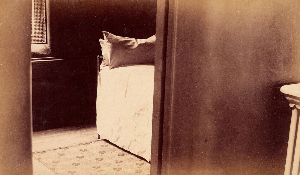 Bellevue Hospital, New York City: a cell with bed seen through doorway. Photograph.