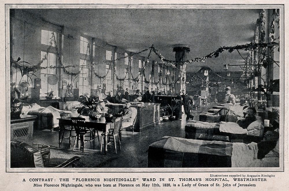 St Thomas's Hospital: the "Florence Nightingale" Ward with Christmas [] decorations. Photogravure after A. Rischgitz.