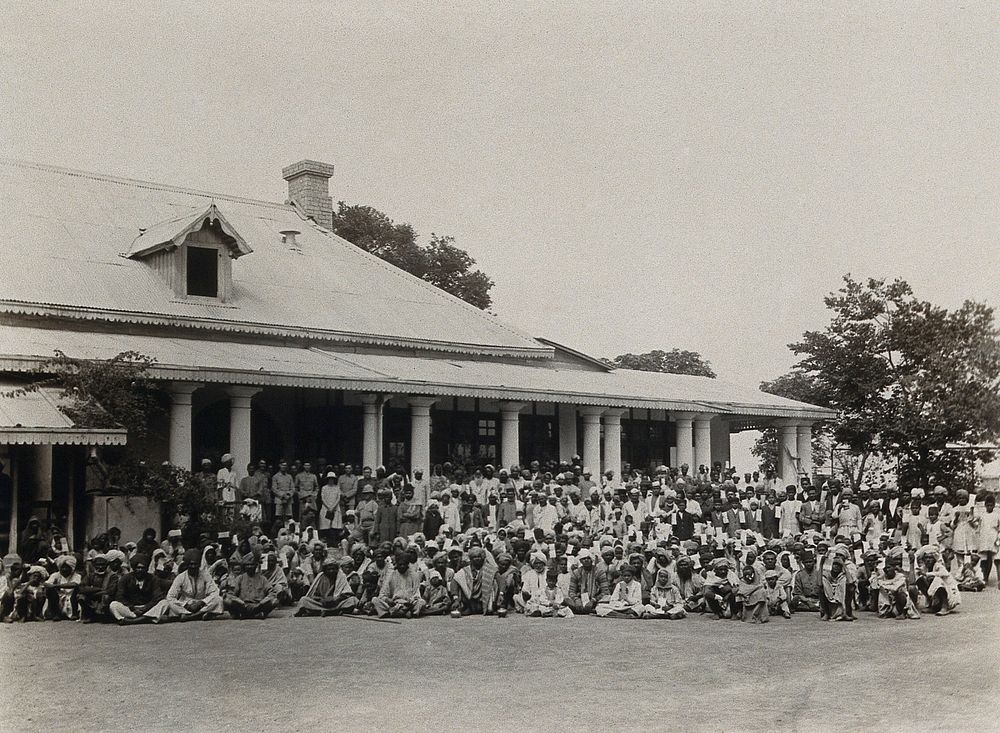 The Pasteur Institute Hospital, Kasauli, India: Indian patients grouped outside the inoculation building. Photograph, ca.…