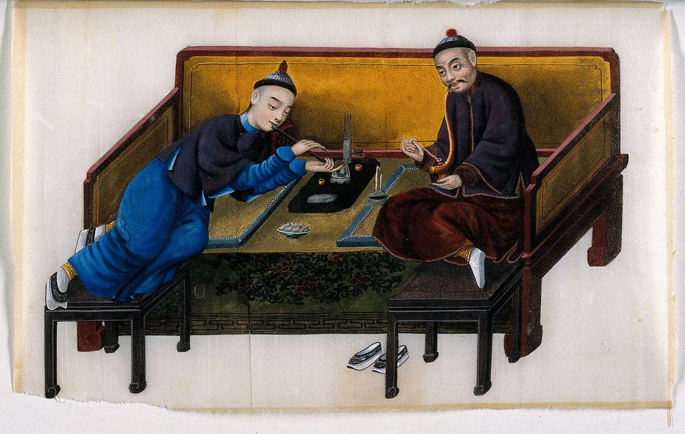 Two wealthy Chinese opium smokers. Gouache painting on rice-paper, 19th century.