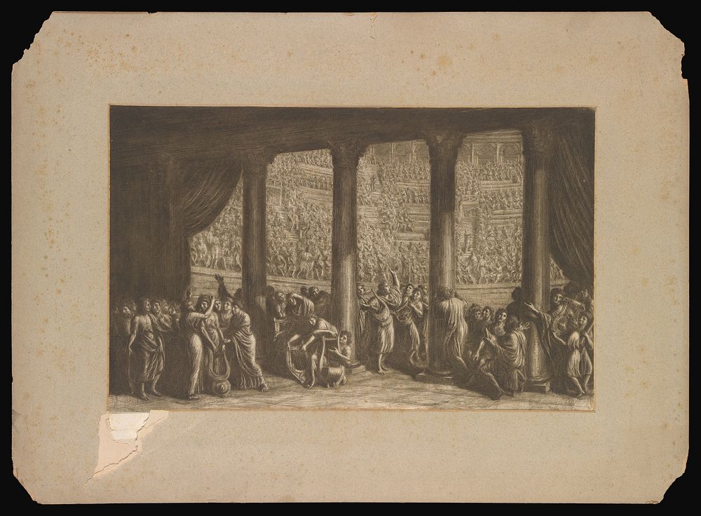 Musicians behind the scenes at a contest in the Colosseum. Etching by L. Ademollo, ca. 1837.