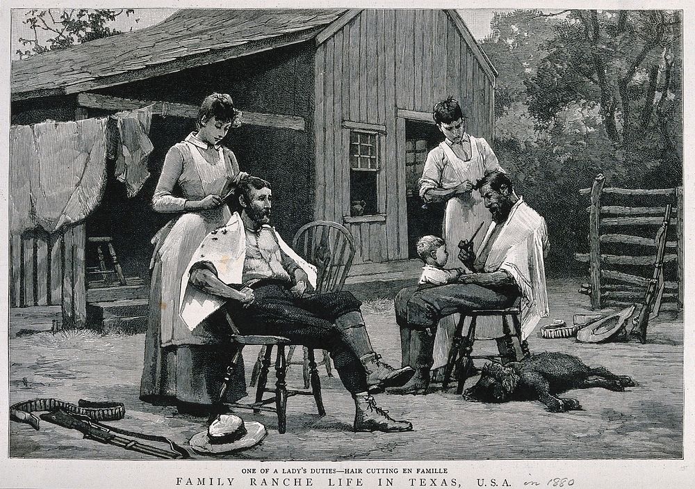 Two women cutting men's hair outside a ranch in Texas in 1880. Wood engraving.