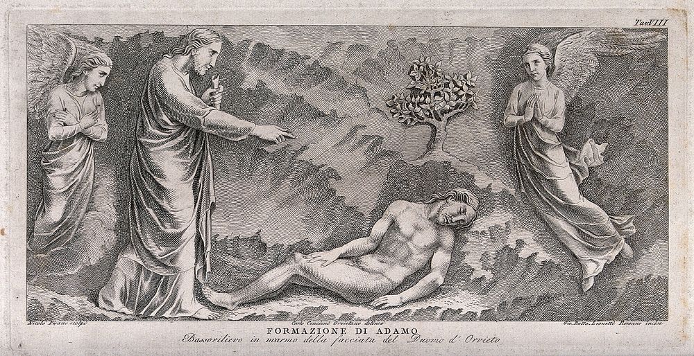 Adam is formed by God. Etching by G.B. Leonetti after C. Cencioni after Nicola Pisano.