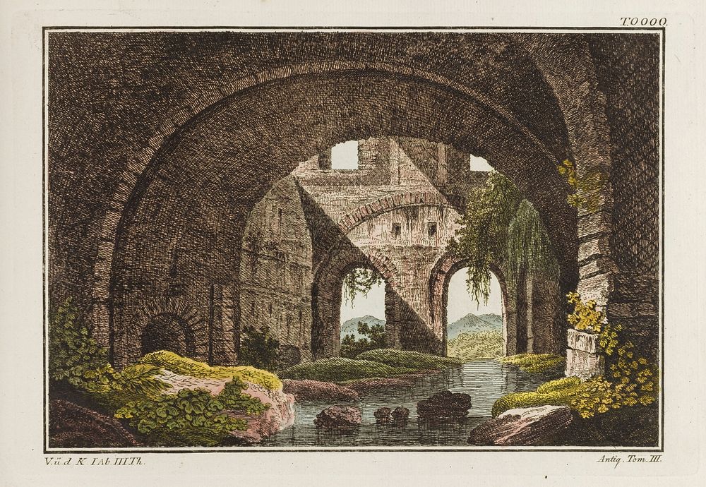 Tivoli: ruins of the villa of Maecenas. Coloured engraving, ca. 1804-1811.