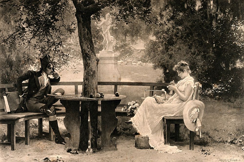 A young man in uniform sits opposite a girl at a table and gazes at her adoringly. Process print after Marcus Stone, 1888.