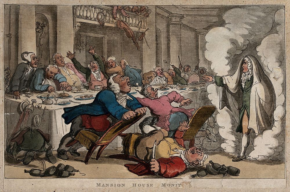 A vision of the first Mayor of London appears to the feasting Aldermen and warns them against luxury. Coloured etching by T.…