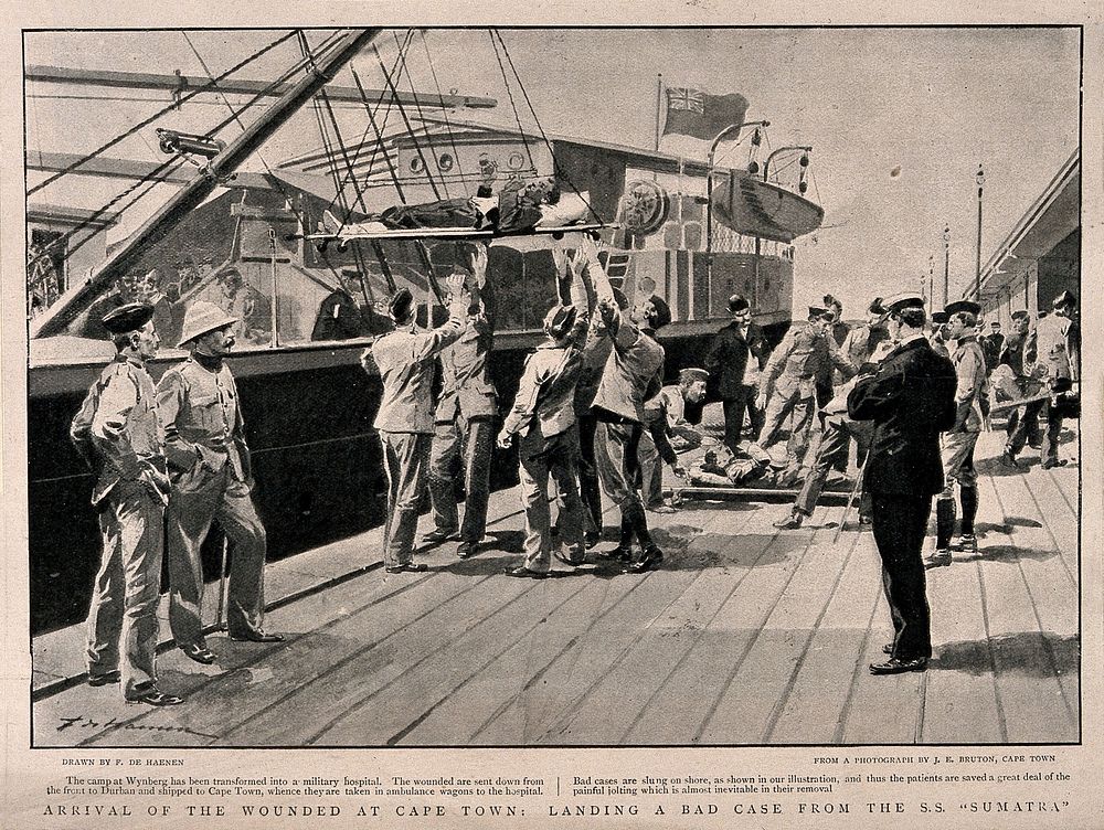 Boer War: wounded soldiers being lifted off a hospital ship and carried away on stretchers. Halftone, c. 1900, after F. de…