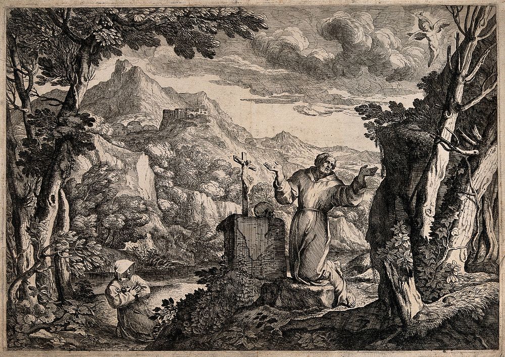 Saint Francis of Assisi receiving the stigmata of Christ from a seraph; mount Alverna in the background. Etching by G.F.…