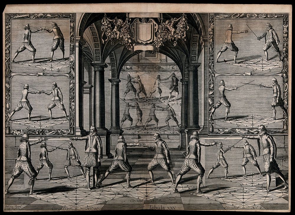 Men fencing. Engraving by Salomon Savarij.