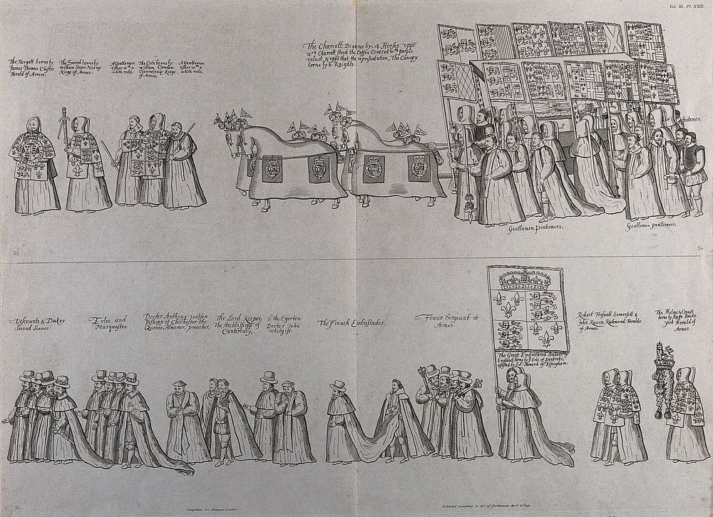 The funeral procession of Queen Elizabeth I, including a gentleman usher with a white rod and the French Ambassador.…
