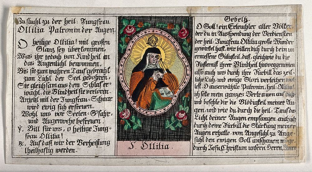 Saint Odilia. Coloured etching.