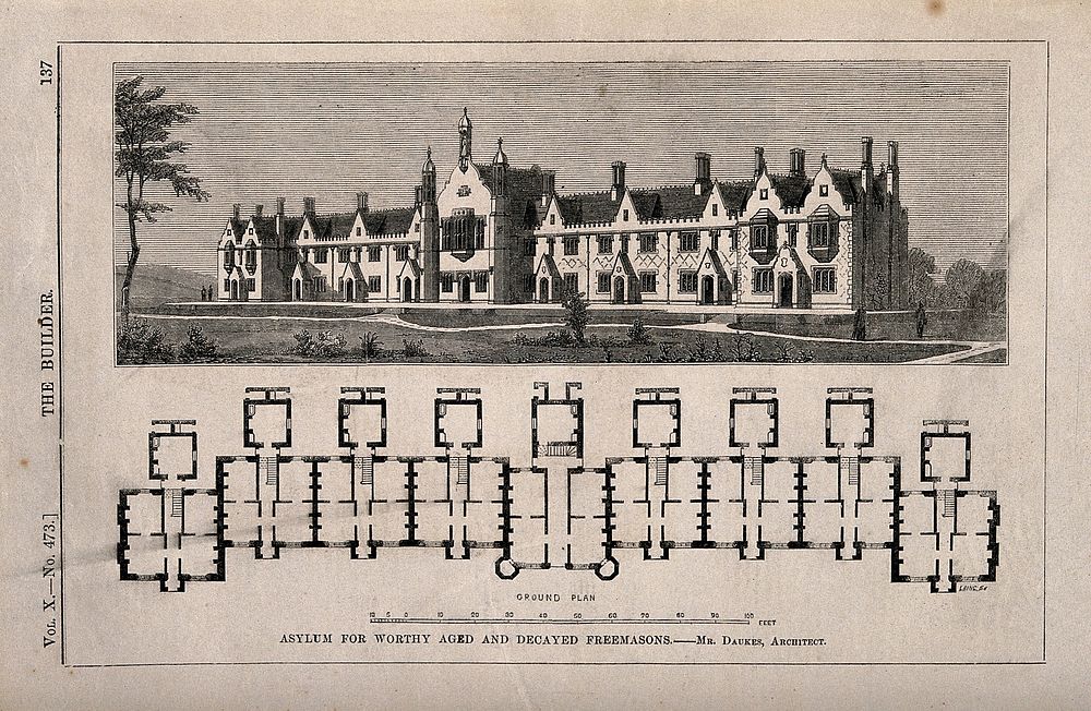 Asylum for Worthy and Decayed Freemasons, Croydon, England: perspective view and floor plan. Wood engraving by C.D. Laing…