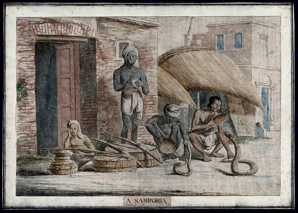 Street scene with snake charmers, Calcutta, West Bengal. Coloured etching by François Balthazar Solvyns, 1799.