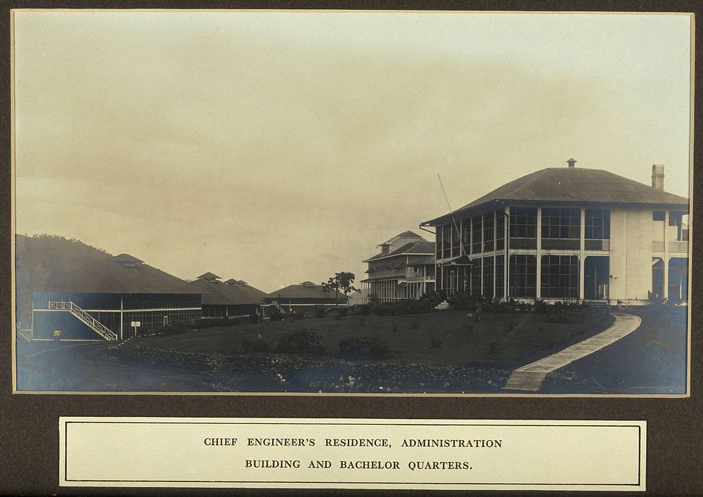 The Panama Canal Zone chief engineer's residence (right), administration building (centre), and staff quarters (left)…