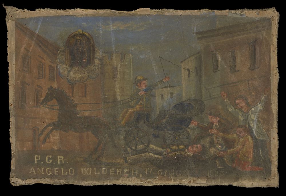 Angelo Loerch, being run over by a horse and carriage, makes a vow to the Madonna del Parto. Oil painting, 1883.