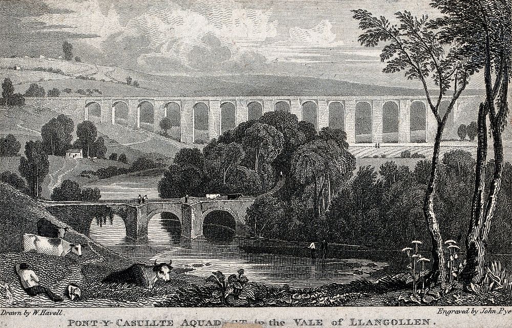 The aqueduct at Pont-y-Casullte, the vale of Llangollen. Engraving by J. Pye after W. Havell.