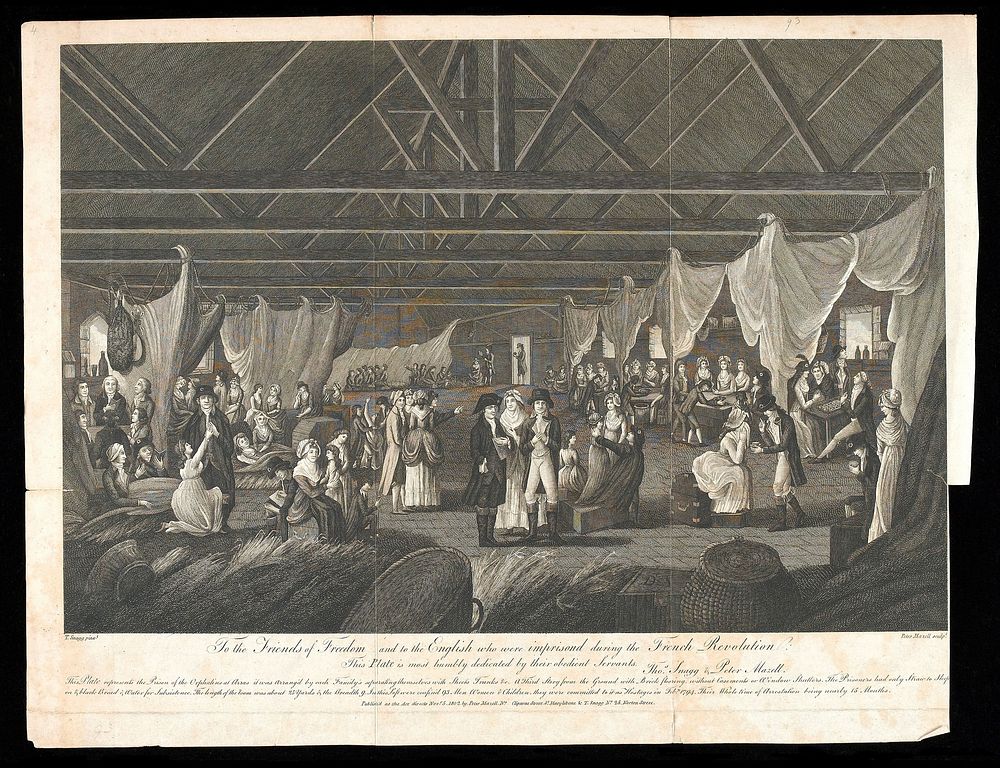English families taken as hostages in the French Revolution, imprisoned in the orphanage of Arras. Engraving by P. Maxell…