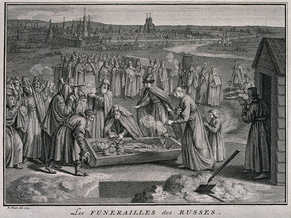 A congregation of Russian mourners preparing a corpse for burial. Engraving with etching by B. Picart, 1732.