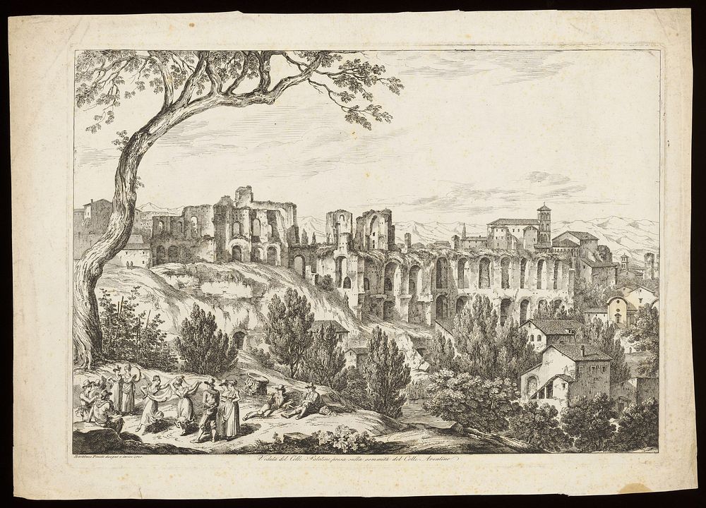 The Palatine hill, Rome, seen from the Aventine. Etching by B. Pinelli, 1825.