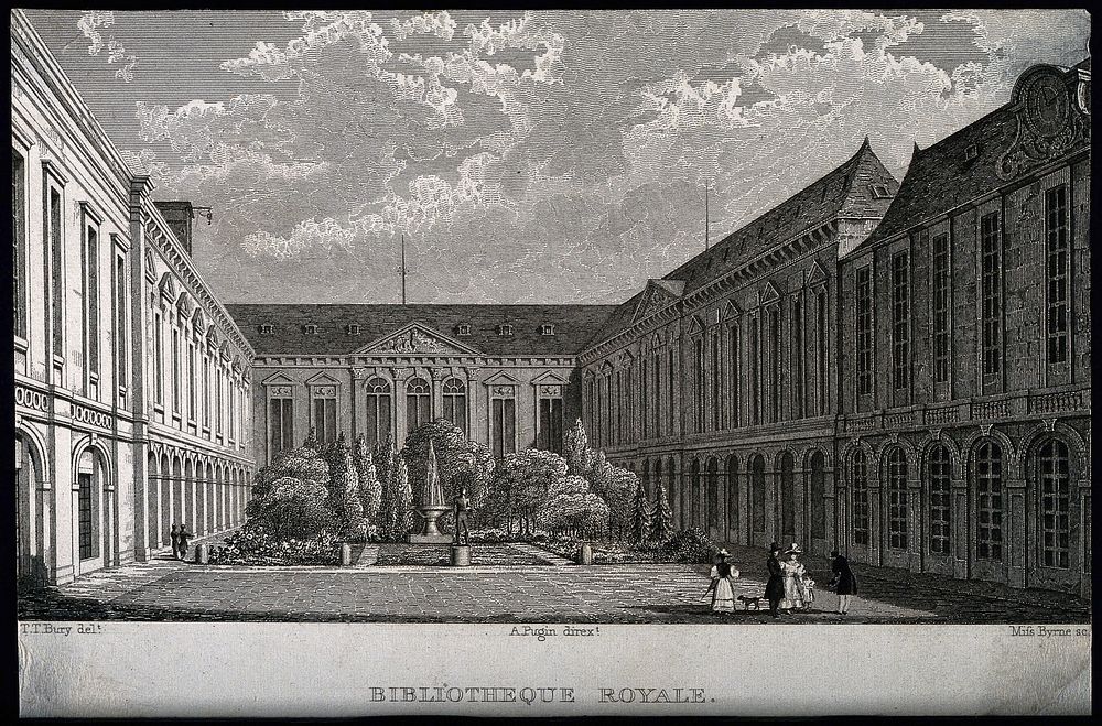 Bibliothèque Royale, Paris: the courtyard. Line engraving by Letitia Byrne after T.T. Bury, ca. 1830.