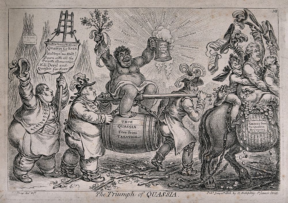 A triumphant American slave woman representing quassia (ingredient in acoholic drinks) is carried aloft by two brewers;…