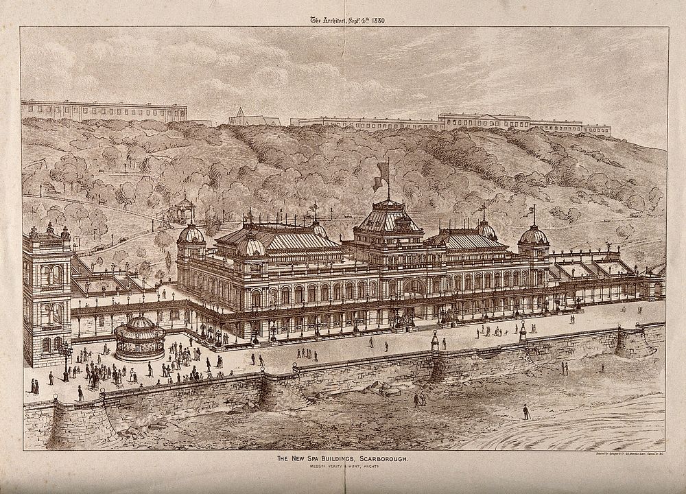 New Spa buildings, Scarborough, Yorkshire: panoramic bird's eye view. Photolithograph, 1880, after Verity & Hunt.