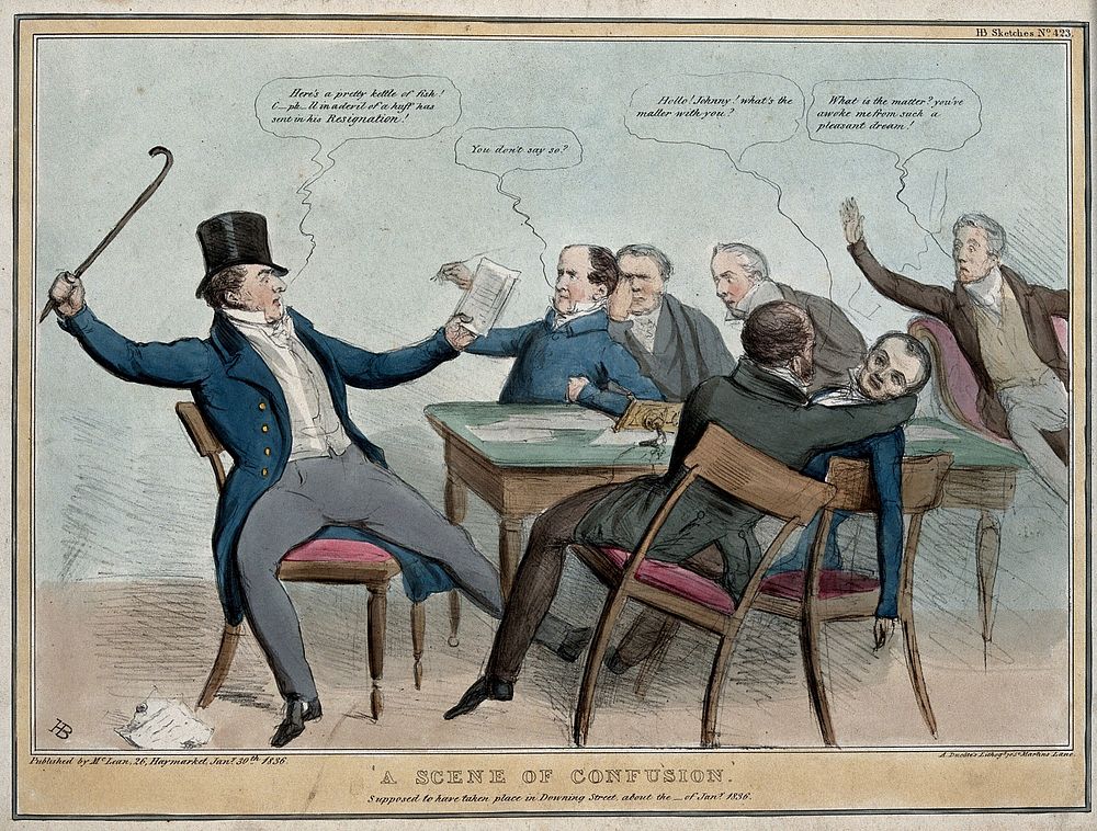 Lord Melbourne reads Sir John Campbell's letter of resignation to members of his cabinet. Coloured lithograph by H.B. (John…